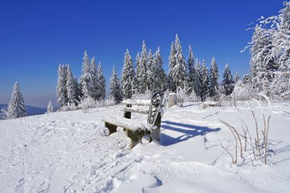 Der letzte Wintertag: Furtwangen, Schneeschuh, Bank, Brend